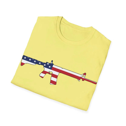 Close-up of the unisex relaxed fit T-shirt's vibrant American flag print on soft cotton fabric, showcasing the detailed star