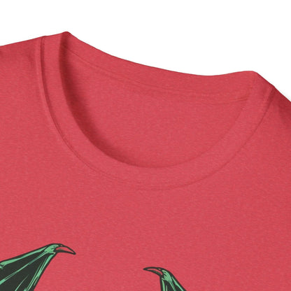 Close-up of the black Cthulhu graphic print on the relaxed fit unisex T-shirt’s front neckline area, highlighting detailed