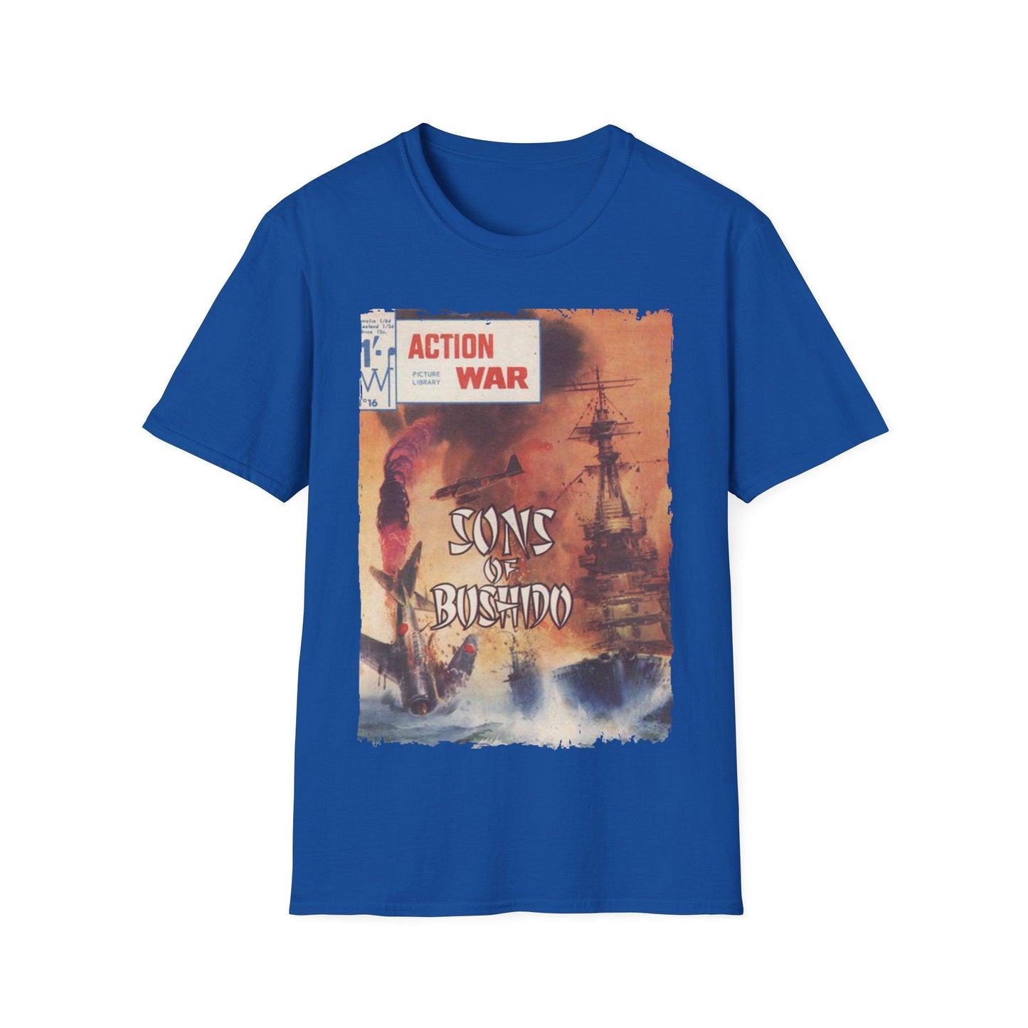 Close-up of the unisex softstyle T-shirt’s reinforced neckline and subtle fabric texture in navy blue from a slightly angled