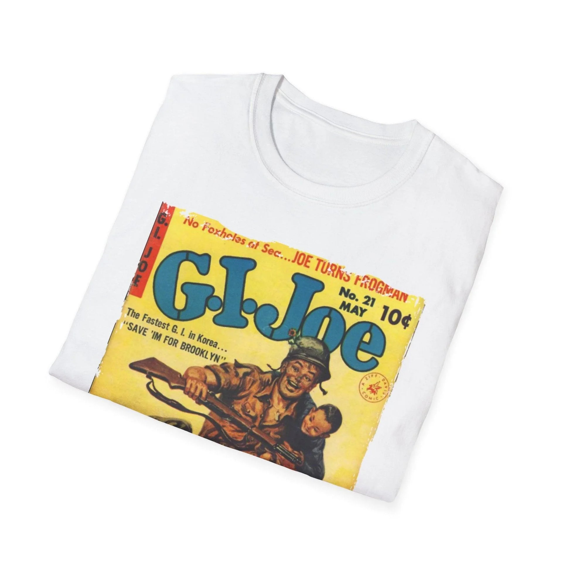 Close-up of the G.I. Joe No.21 T-shirt's neckline, featuring a ribbed crew neck and visible stitching on crisp white