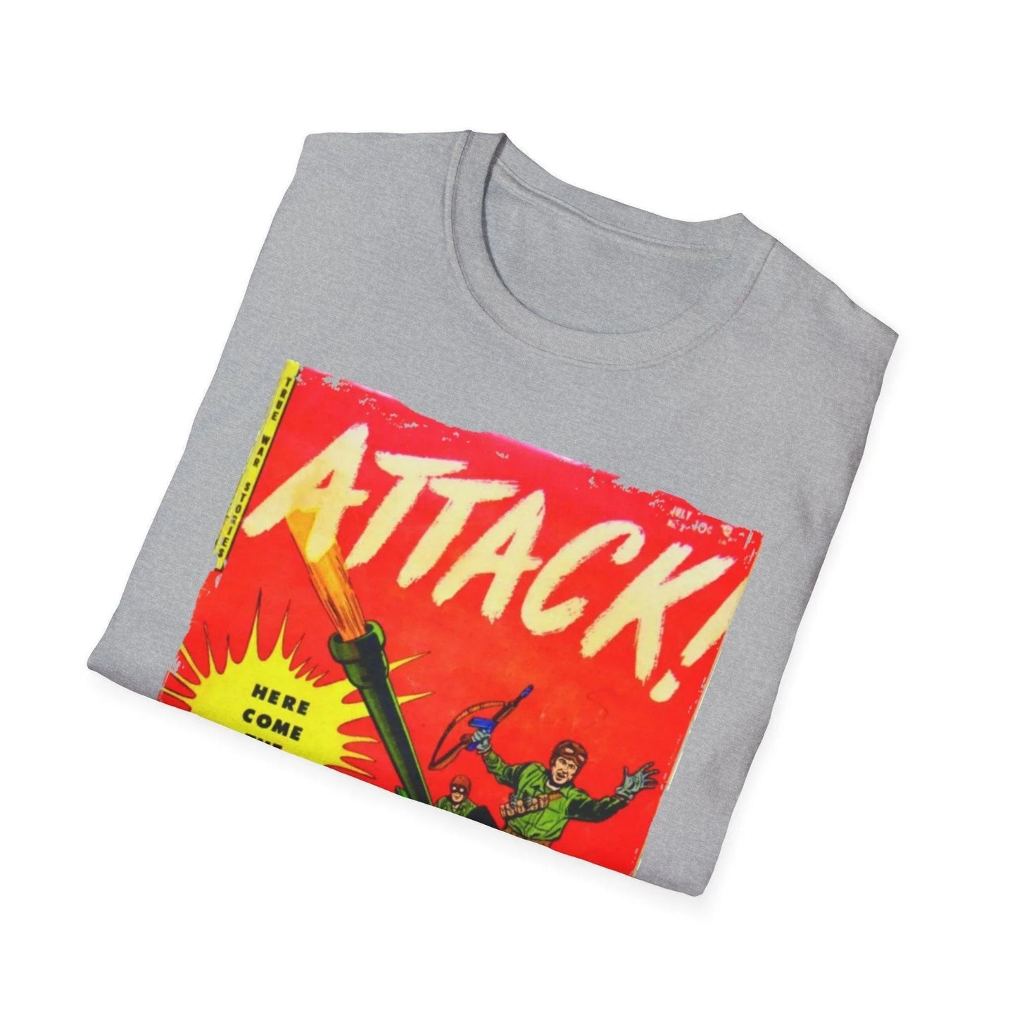 Close-up of the Attack! July 1952 T-shirt's woven label on the hem, displaying fabric composition and care instructions in