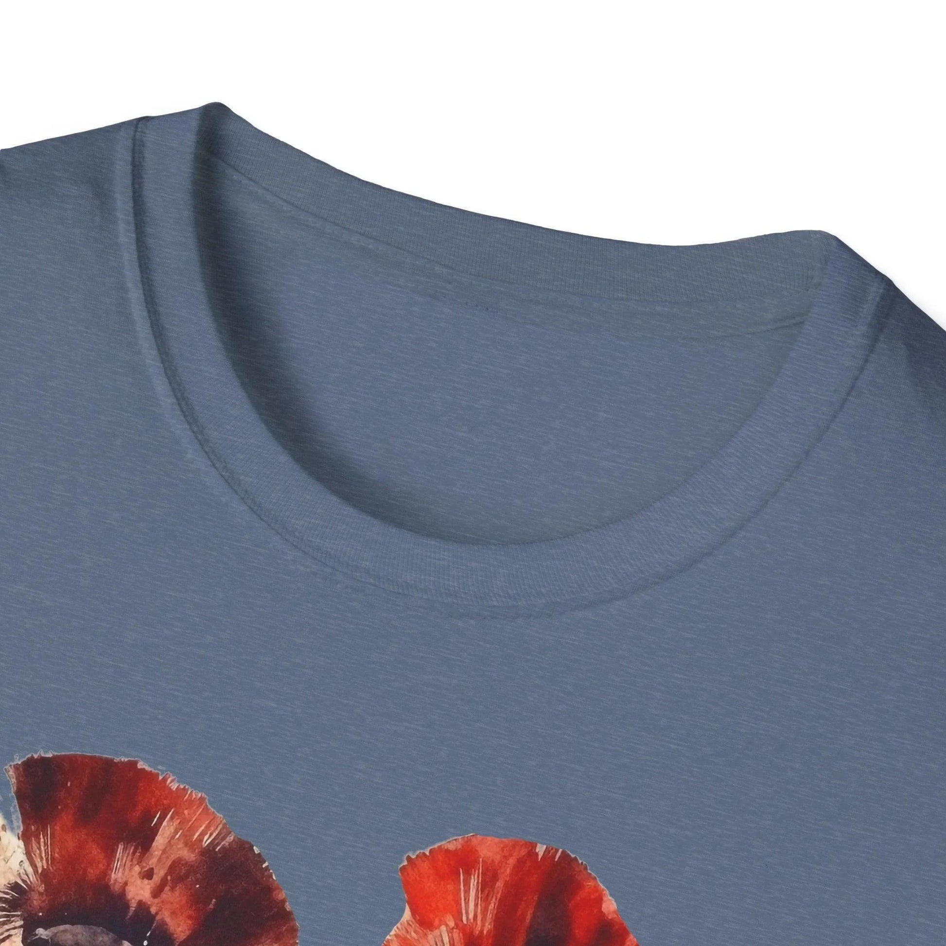 Close-up of the unisex softstyle T-shirt's navy color, highlighting the smooth fabric surface and subtle stitching detail