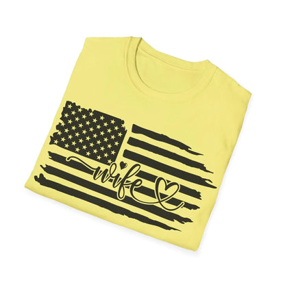 Close-up of distressed American flag B&W print on white fabric showing subtle fabric texture and vintage detail from a front