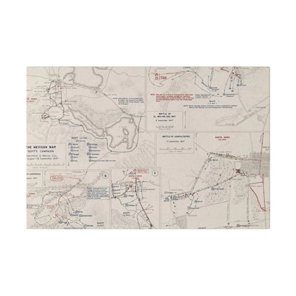 Close-up of textured canvas surface highlighting the detailed brushstrokes and aged finish of the 1847 Mexican War map print.