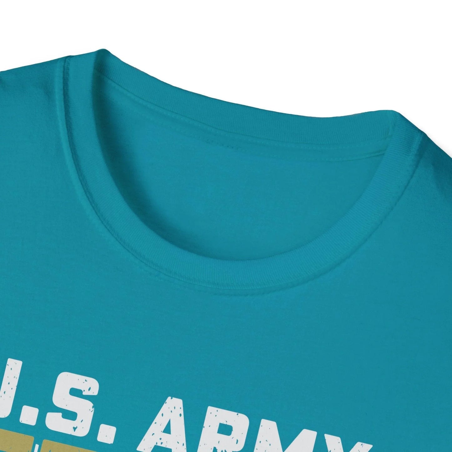 Close-up of the Army Defender of Freedom T-shirt's fabric weave and stitched neckline detail in relaxed fit navy color.