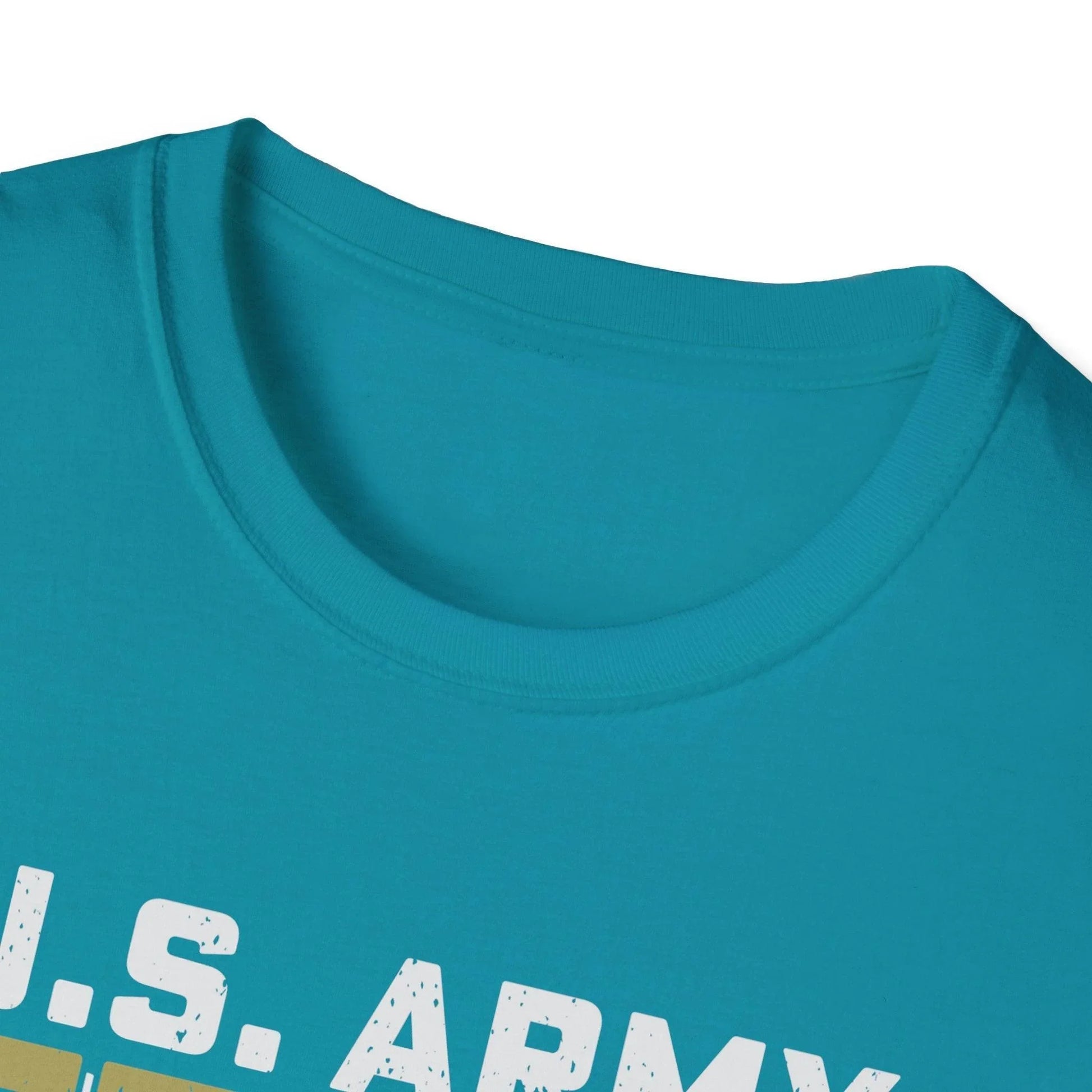Close-up of the Army Defender of Freedom T-shirt's fabric weave and stitched neckline detail in relaxed fit navy color.