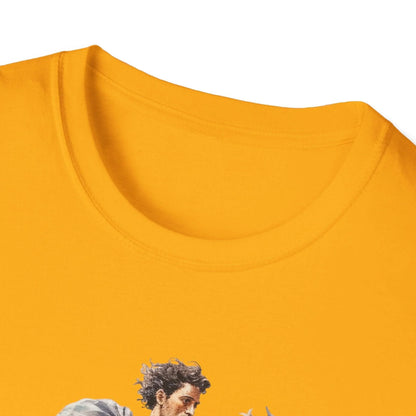 Close-up of the unisex softstyle fabric showing the smooth, relaxed fit in deep navy with visible hem stitching and subtle