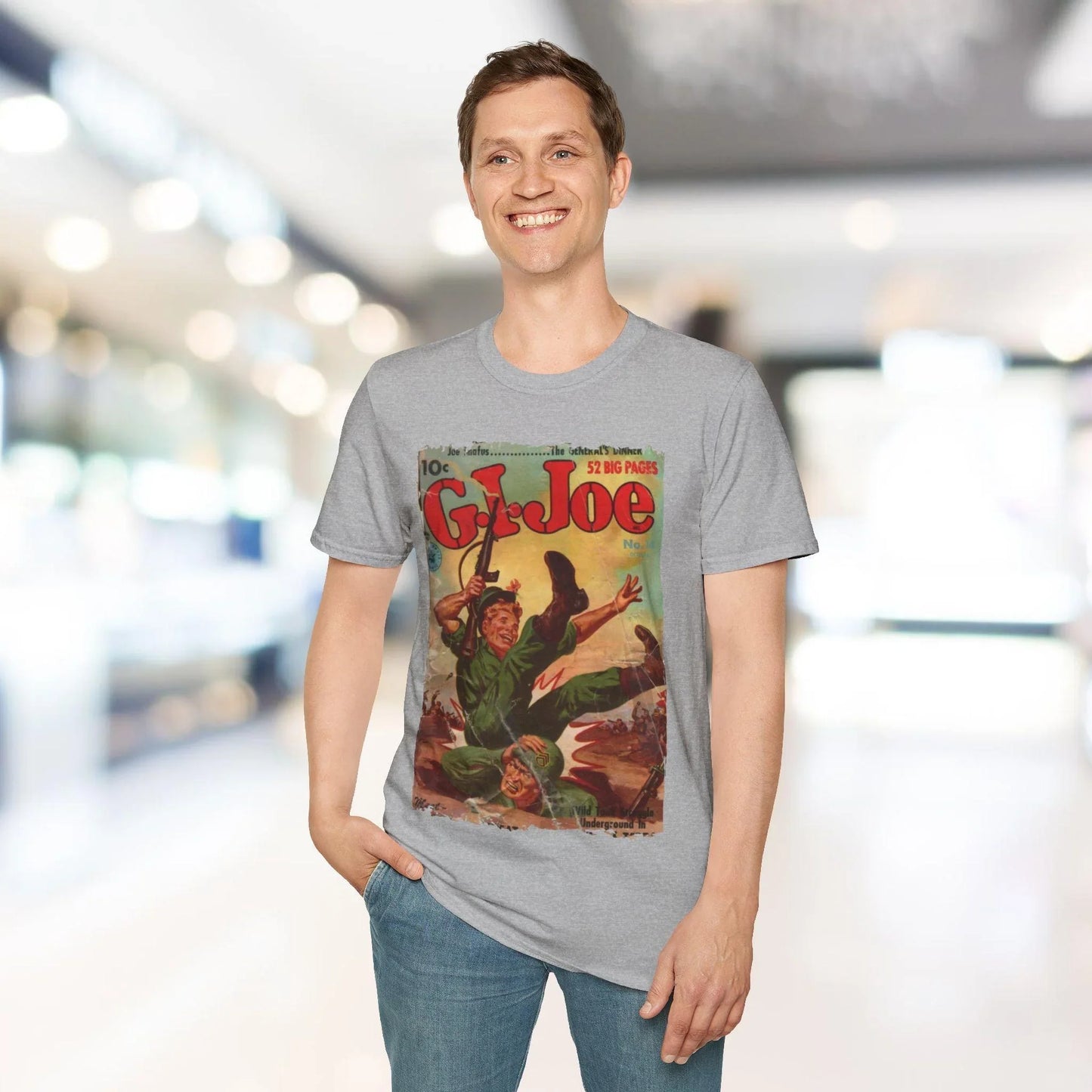 Close-up of the G.I. Joe No.14 softstyle T-shirt’s collar and neckline stitching showing smooth fabric and crisp seam