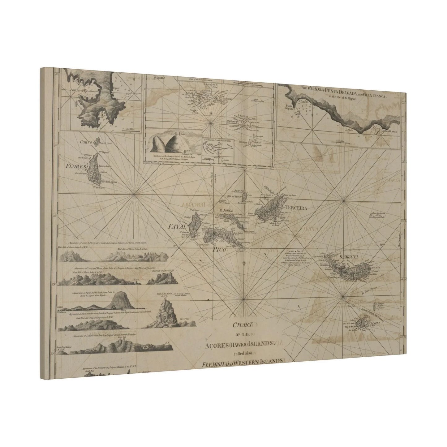 Close-up of the colorful Aqores Islands illustrated on canvas, highlighting detailed geographic labels and vibrant coastline