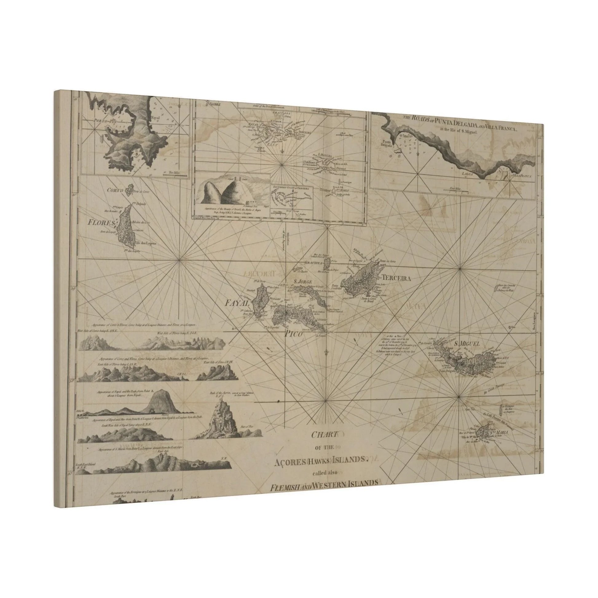 Close-up of the colorful Aqores Islands illustrated on canvas, highlighting detailed geographic labels and vibrant coastline