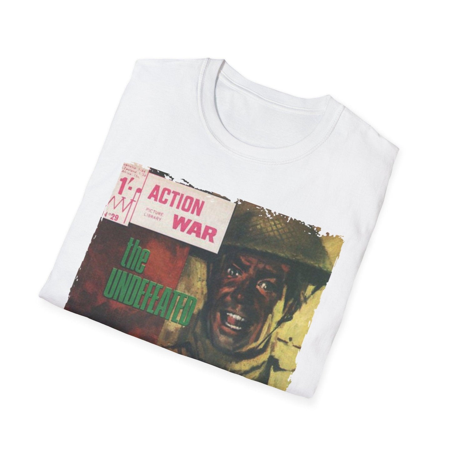 Close-up of the unisex softstyle T-shirt’s deep crew neckline and smooth fabric texture in vibrant red color, showing