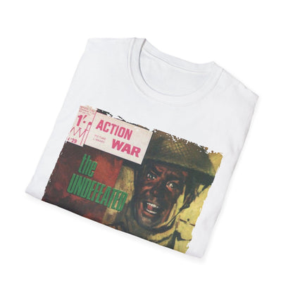 Close-up of the unisex softstyle T-shirt’s deep crew neckline and smooth fabric texture in vibrant red color, showing