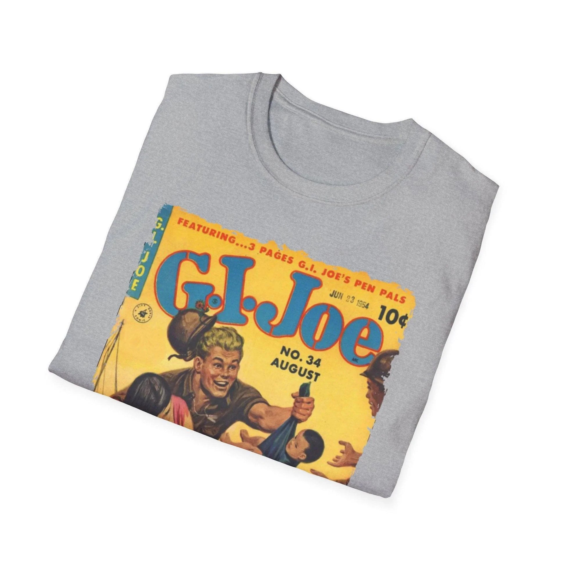 Close-up of the G.I. Joe No.34 unisex softstyle T-shirt's vibrant navy color and smooth cotton fabric texture from a