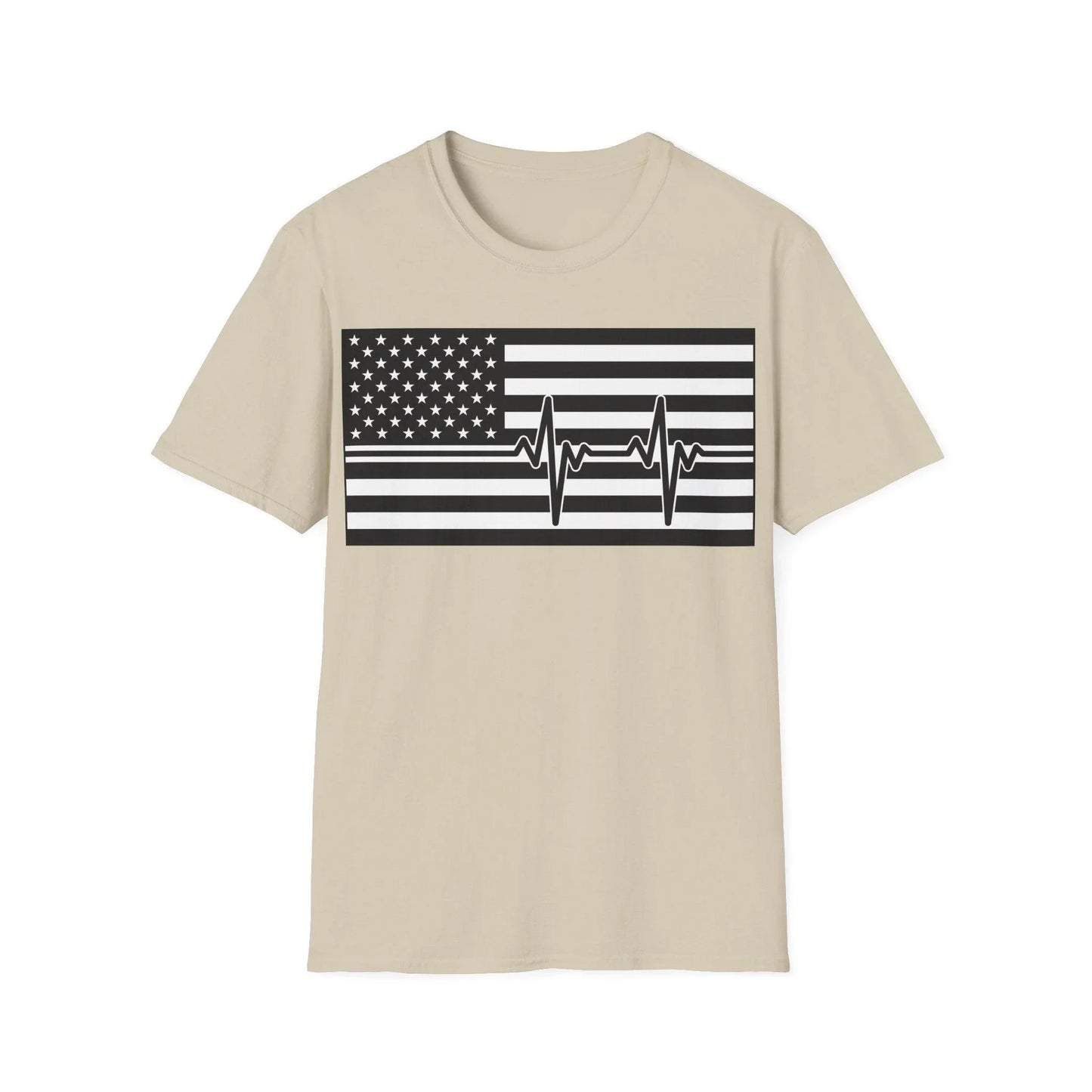 Close-up of black and white heartbeat American flag design on unisex soft-style T-shirt's chest area, showcasing fabric