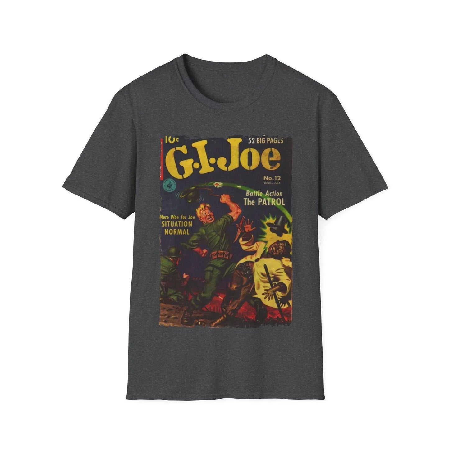 Close-up of the G.I. Joe No.12 softstyle T-shirt’s neckline stitching and subtle fabric texture in bold red color