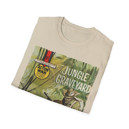 Close-up of the unisex softstyle T-shirt's relaxed fit and vibrant navy color, highlighting the smooth cotton-polyester