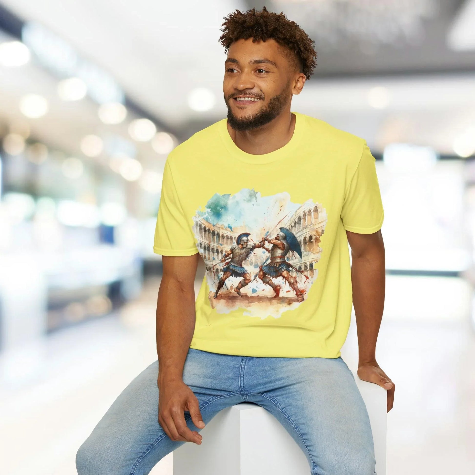 Close-up of the soft, heather gray fabric’s subtle texture and relaxed fit neckline on the unisex Gladiators T-Shirt from a