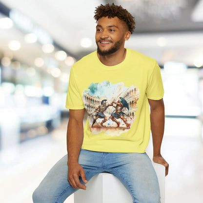 Close-up of the soft, heather gray fabric’s subtle texture and relaxed fit neckline on the unisex Gladiators T-Shirt from a