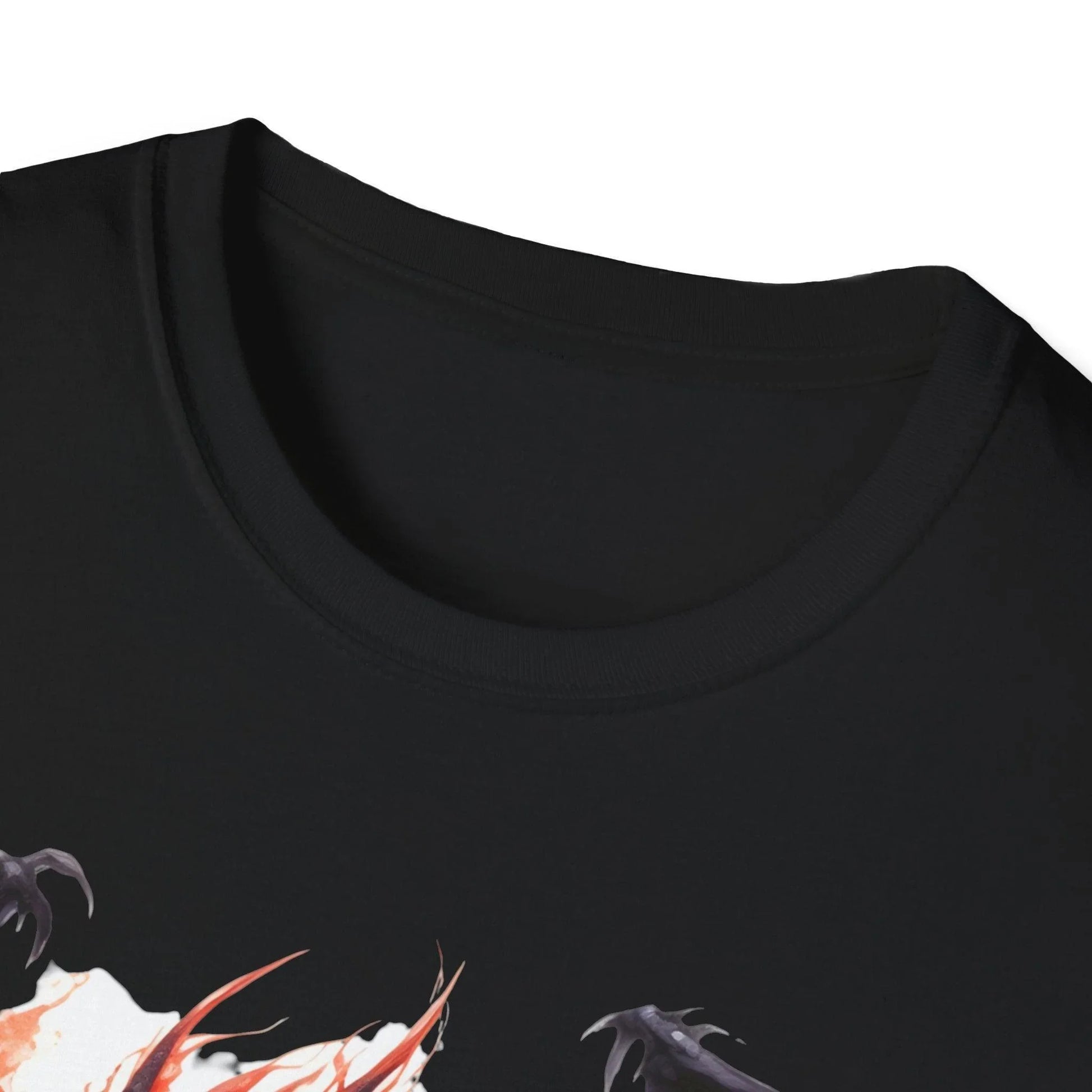 Front close-up of the unisex softstyle T-shirt’s relaxed fit, showing vibrant dragon graphic print on smooth cotton fabric.