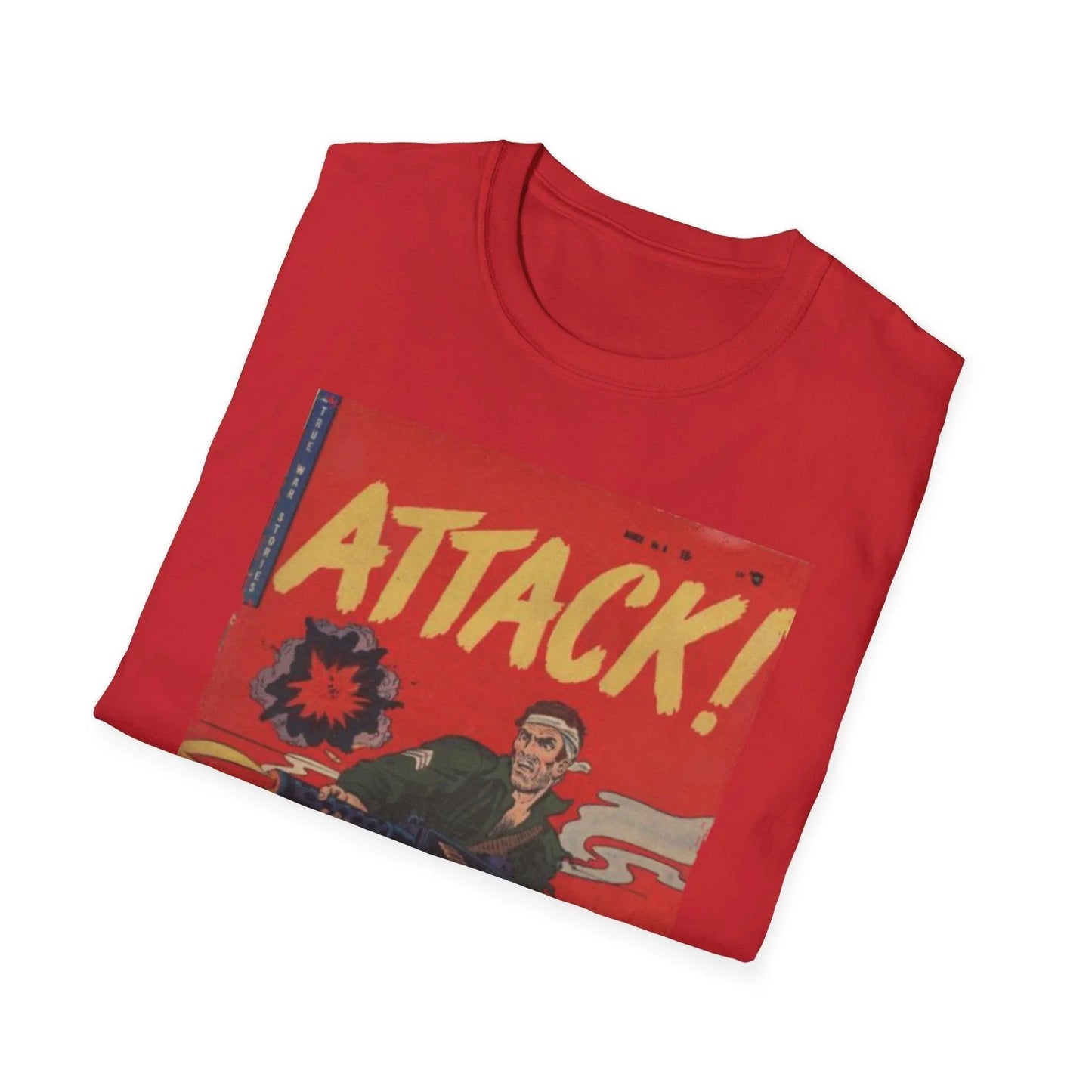 Close-up of the Attack! No. 6 unisex softstyle T-shirt's smooth black fabric and subtle neckline stitching from a slightly