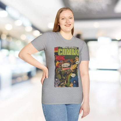 Close-up of the Combat March 1966 T-shirt’s sewn collar and subtle stitching details in olive green fabric