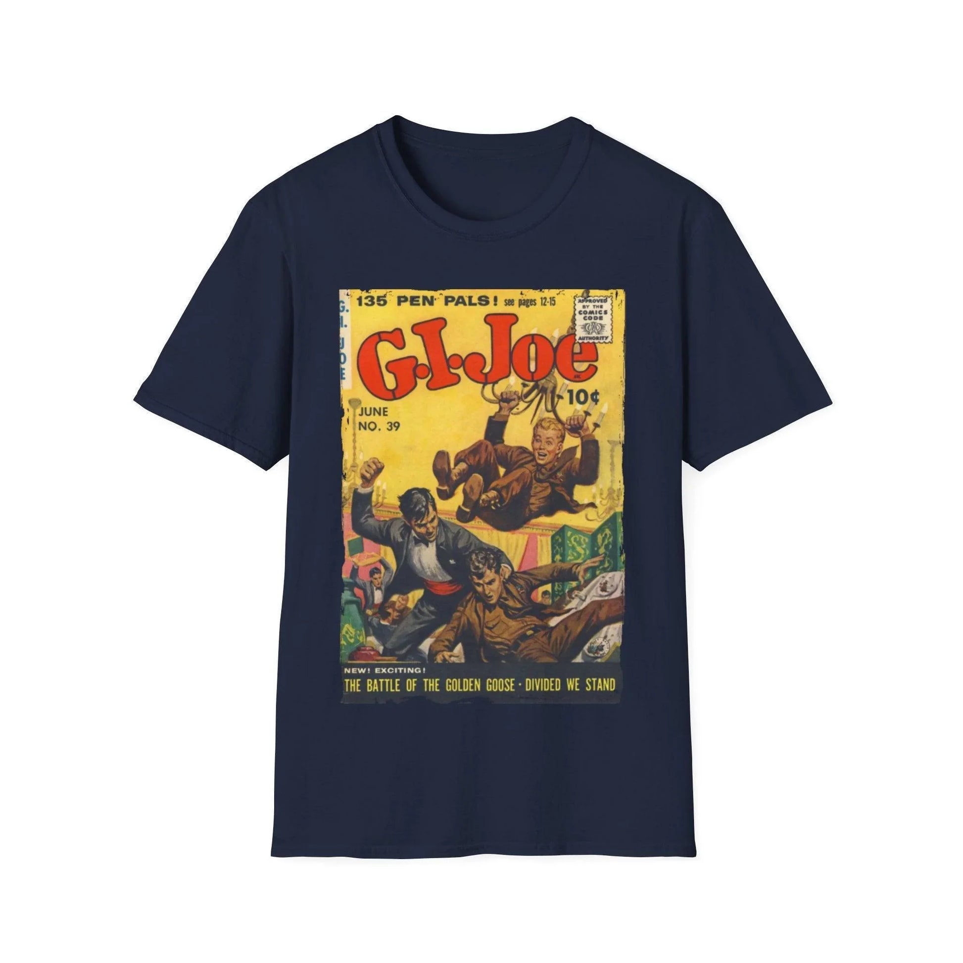 Close-up of the G.I. Joe No.39 softstyle T-shirt's navy color fabric with visible smooth jersey texture and subtle stitching
