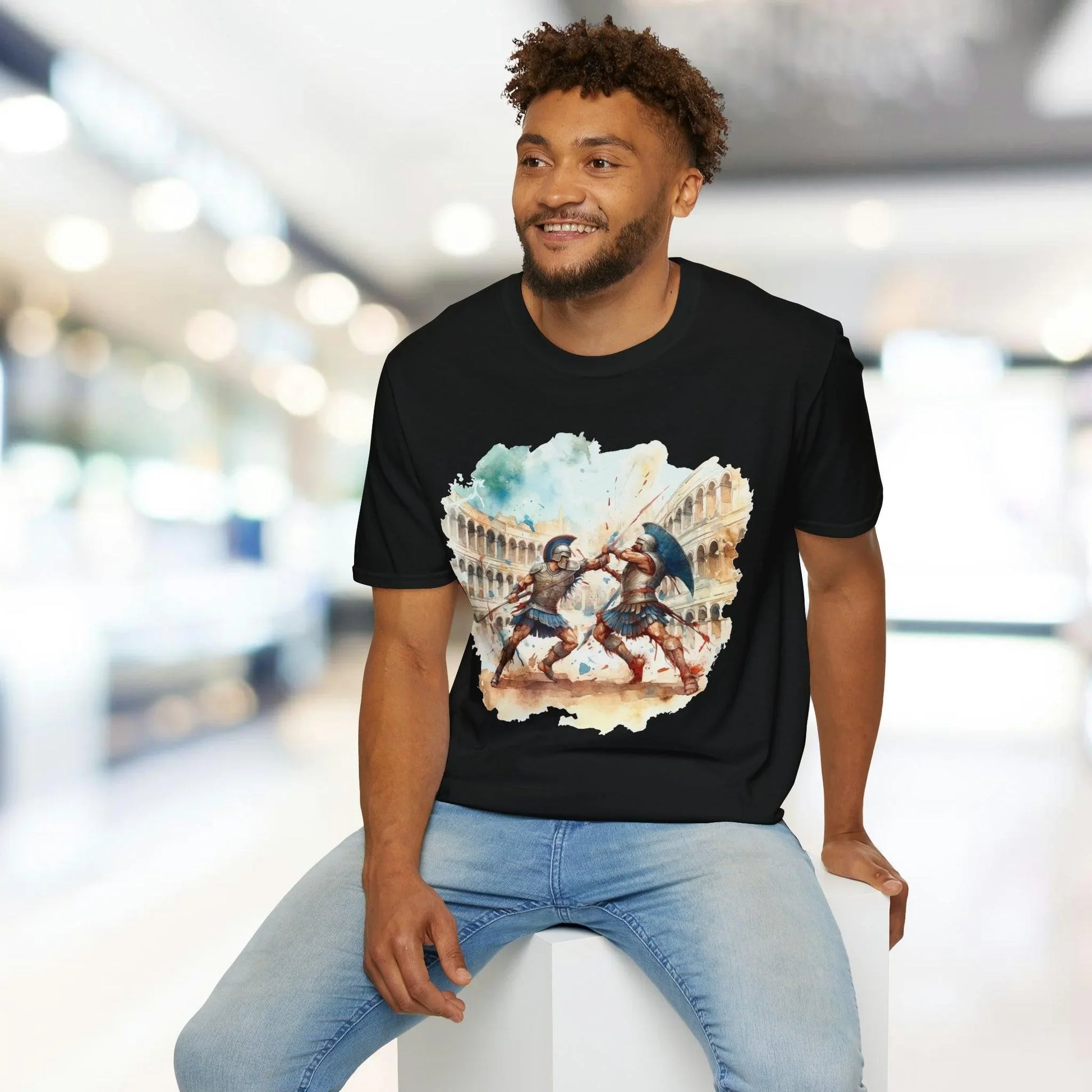 Close-up of the unisex softstyle T-shirt’s relaxed fit and crimson color, highlighting the smooth fabric texture from a