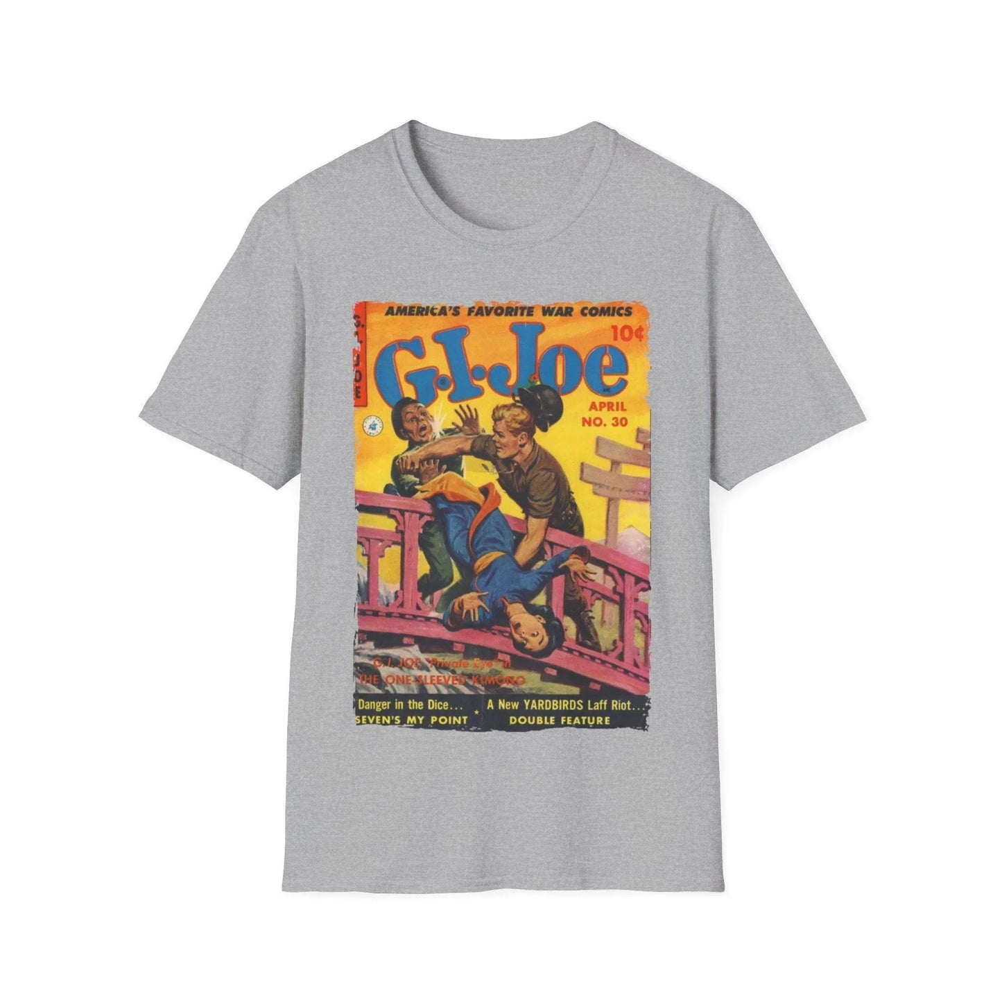 Close-up of the G.I. Joe No.30 softstyle T-shirt's relaxed fit label stitched on the hem in bright red color