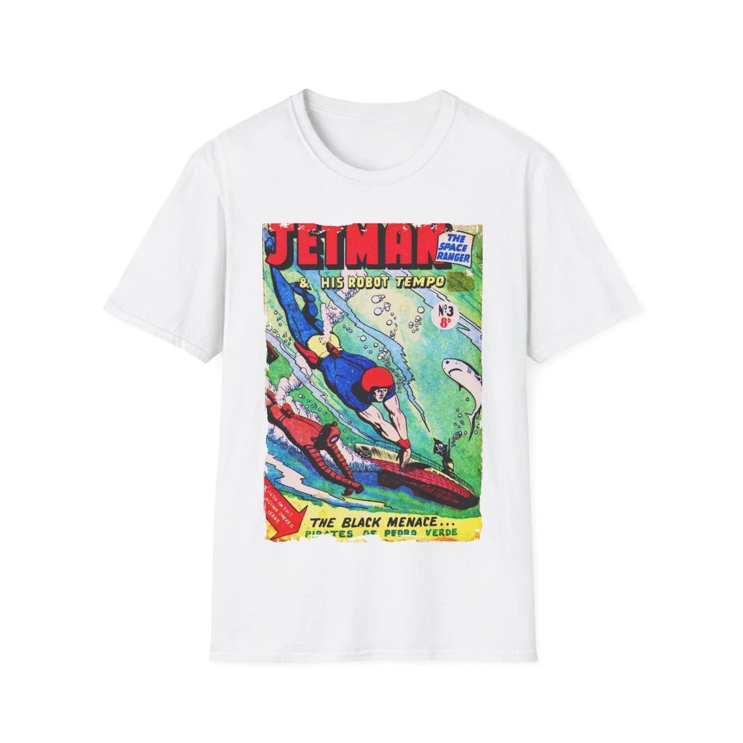 Printify Jetman No.3 unisex softstyle cotton crew neck T-shirt in black with regular fit and DTG print