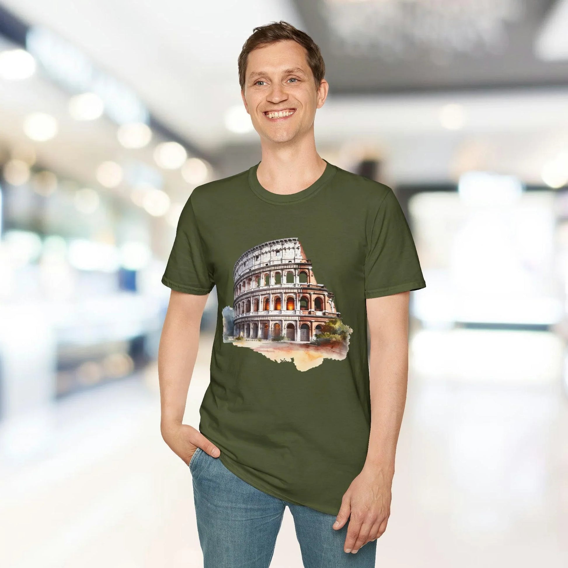 Close-up of the unisex softstyle fabric in heather gray, highlighting smooth texture and relaxed fit neckline detail.