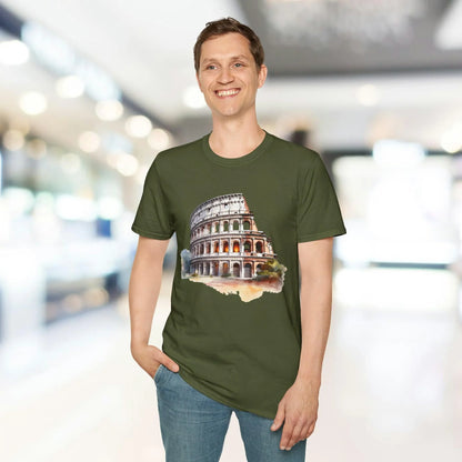 Close-up of the unisex softstyle fabric in heather gray, highlighting smooth texture and relaxed fit neckline detail.