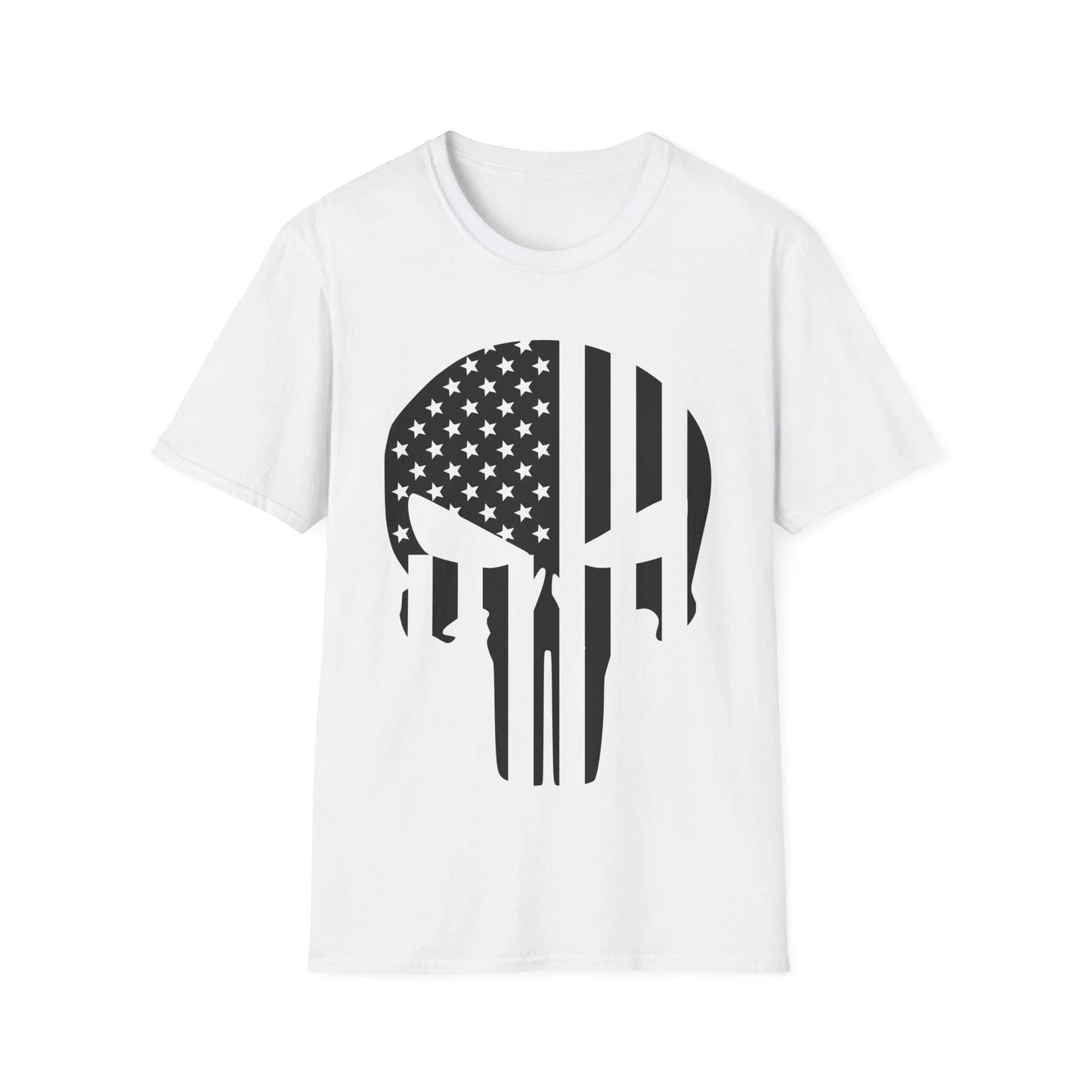 Printify American Skull Flag B&W unisex cotton crew neck T-shirt with relaxed fit, black and white skull flag pattern