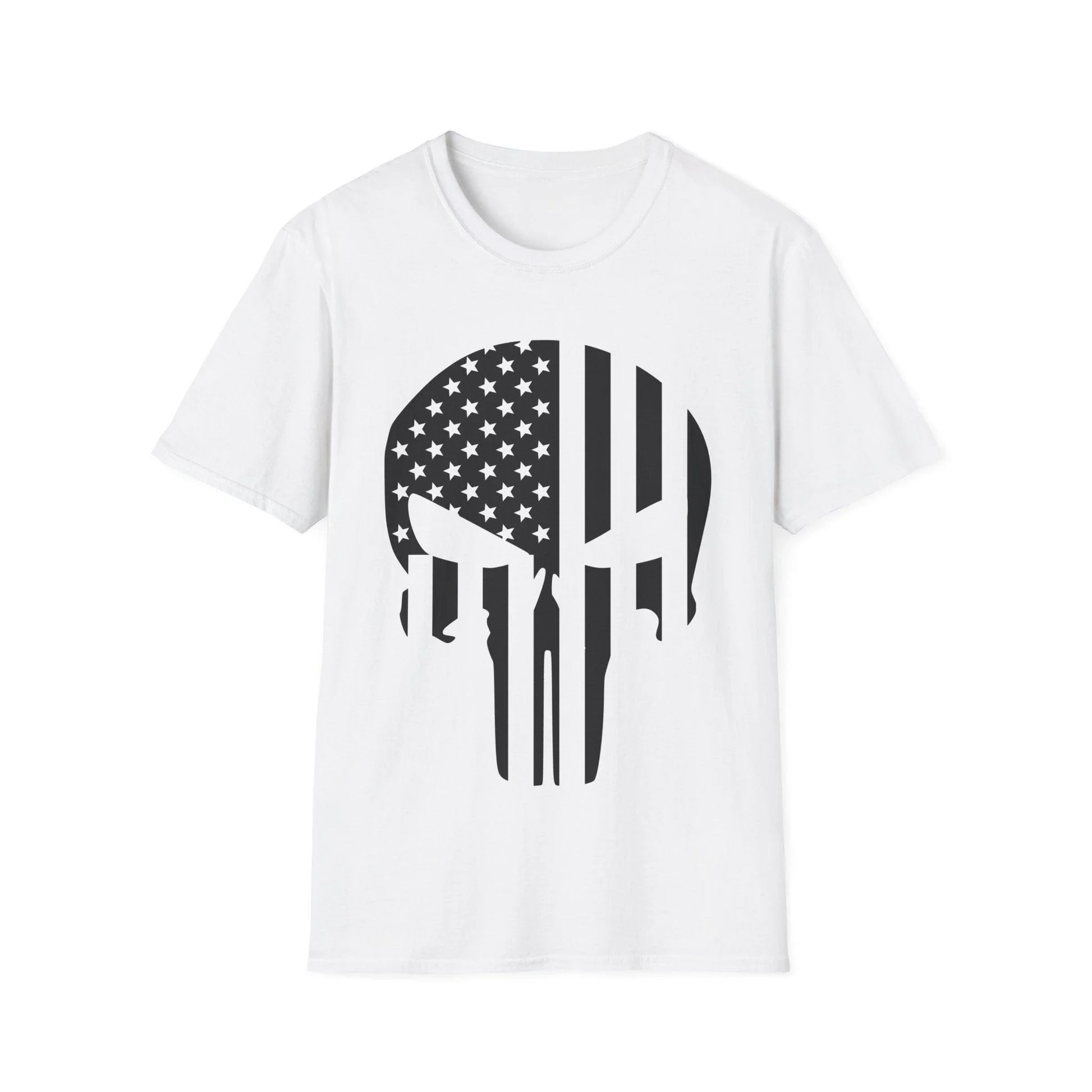 Printify American Skull Flag B&W unisex cotton crew neck T-shirt with relaxed fit, black and white skull flag pattern