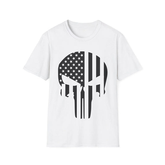 Printify American Skull Flag B&W unisex cotton crew neck T-shirt with relaxed fit, black and white skull flag pattern