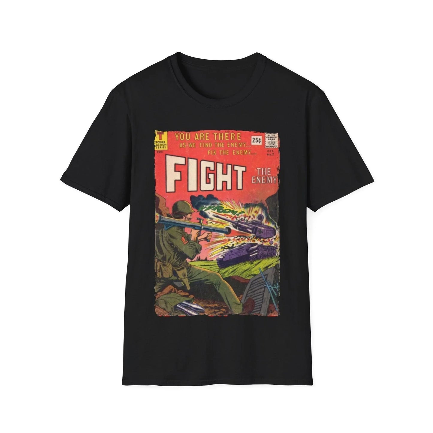 Printify Fight The Enemy No.2 unisex softstyle cotton T-shirt with crew neck, regular fit, black color, DTG printed design