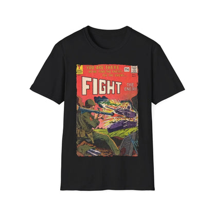 Printify Fight The Enemy No.2 unisex softstyle cotton T-shirt with crew neck, regular fit, black color, DTG printed design