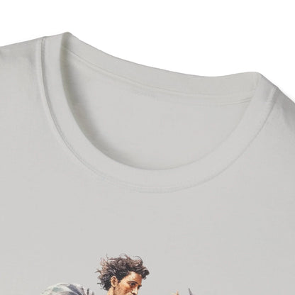 Close-up of the unisex softstyle T-shirt's neckline and smooth fabric texture in deep charcoal color, showing subtle