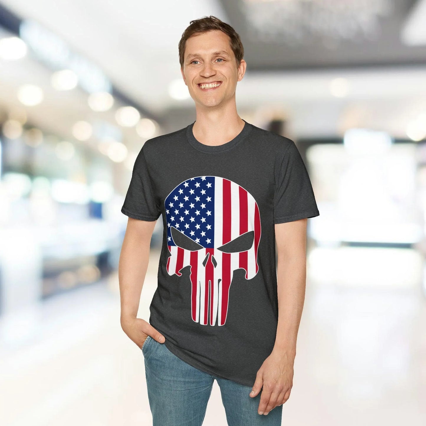 Close-up of the unisex softstyle T-shirt fabric showcasing the vivid American Skull Flag design on the chest from a front