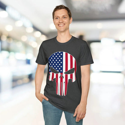 Close-up of the unisex softstyle T-shirt fabric showcasing the vivid American Skull Flag design on the chest from a front