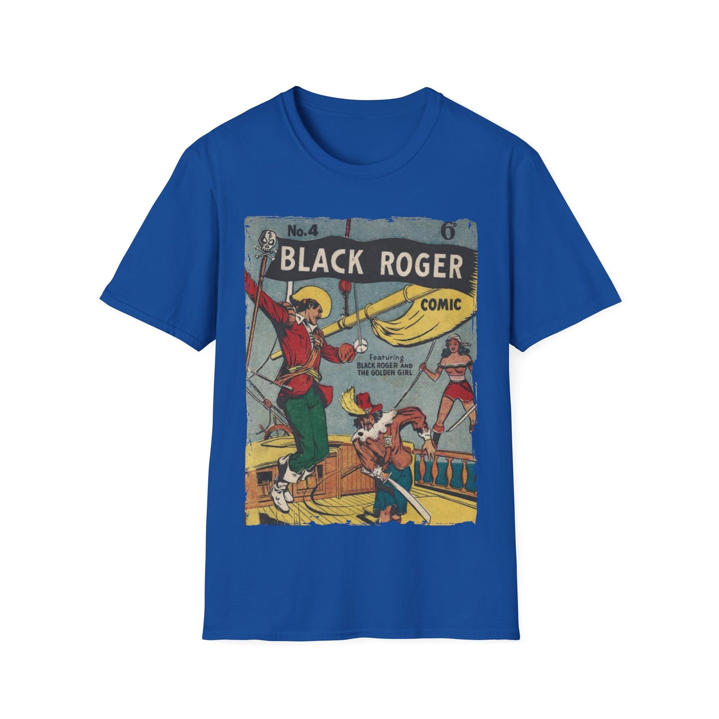 Close-up of the Black Roger No.4 unisex softstyle T-shirt's subtle fabric texture and relaxed fit at the shoulder seam.