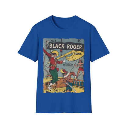Close-up of the Black Roger No.4 unisex softstyle T-shirt's subtle fabric texture and relaxed fit at the shoulder seam.