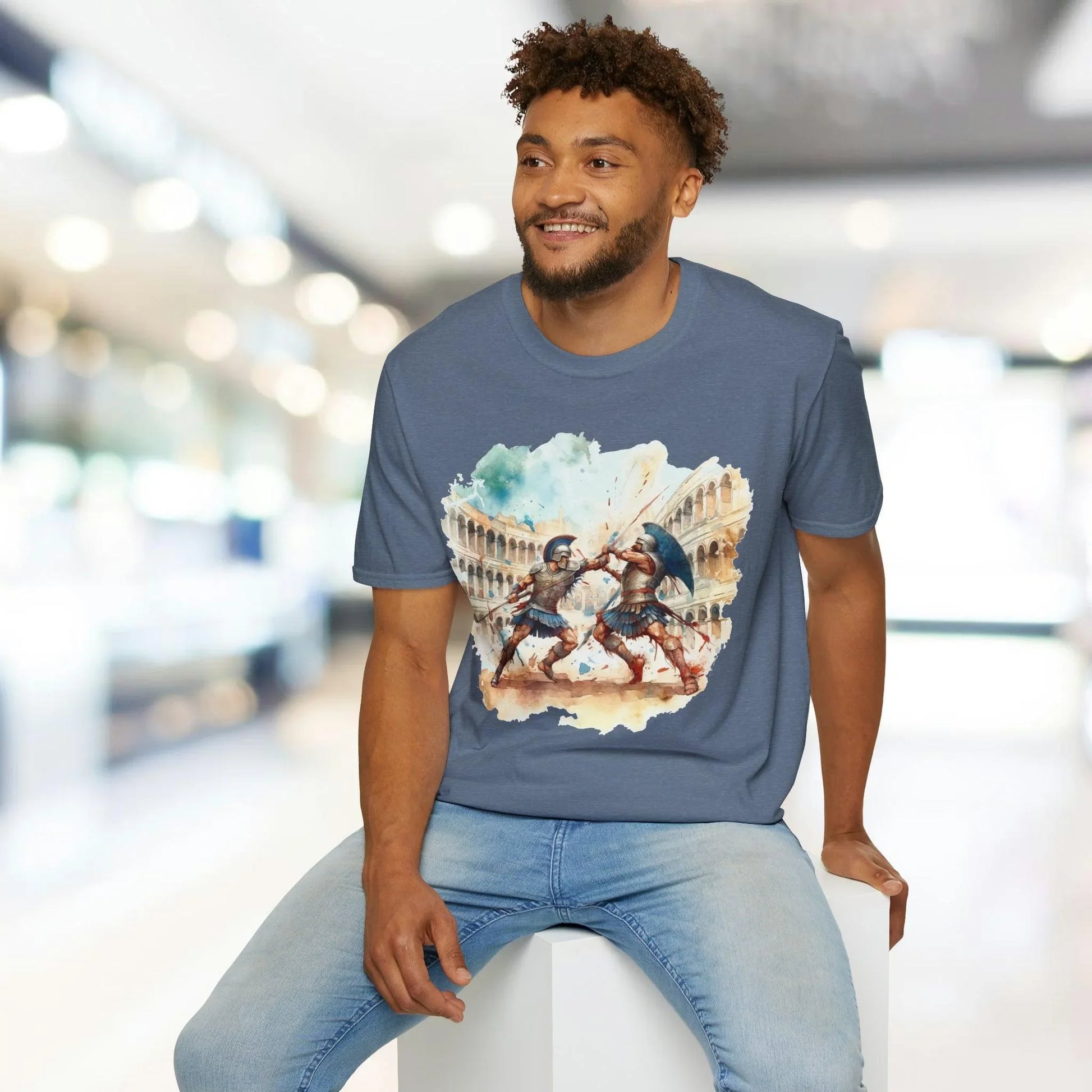 Close-up of the black unisex T-shirt's crew neckline and soft fabric texture from a slightly angled front view.