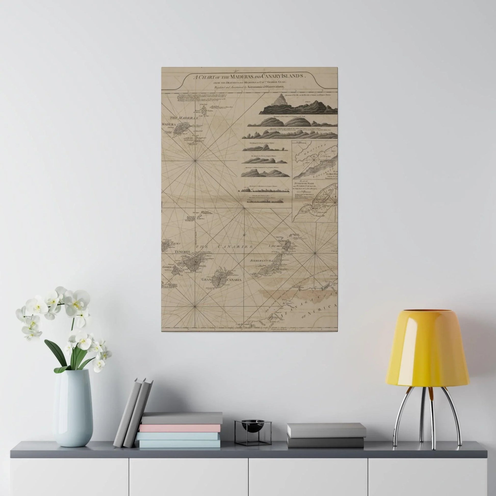 Close-up of the detailed vintage map edge highlighting intricate Latin-inspired cartouche and textured canvas finish