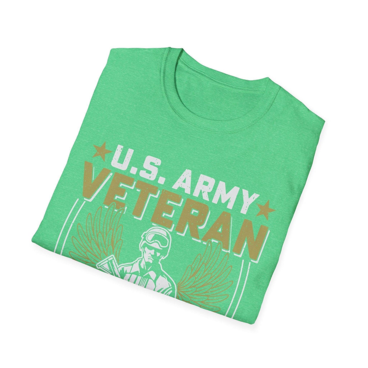 Close-up of the army-themed graphic design on the chest of the red unisex softstyle T-shirt, highlighting vibrant print and