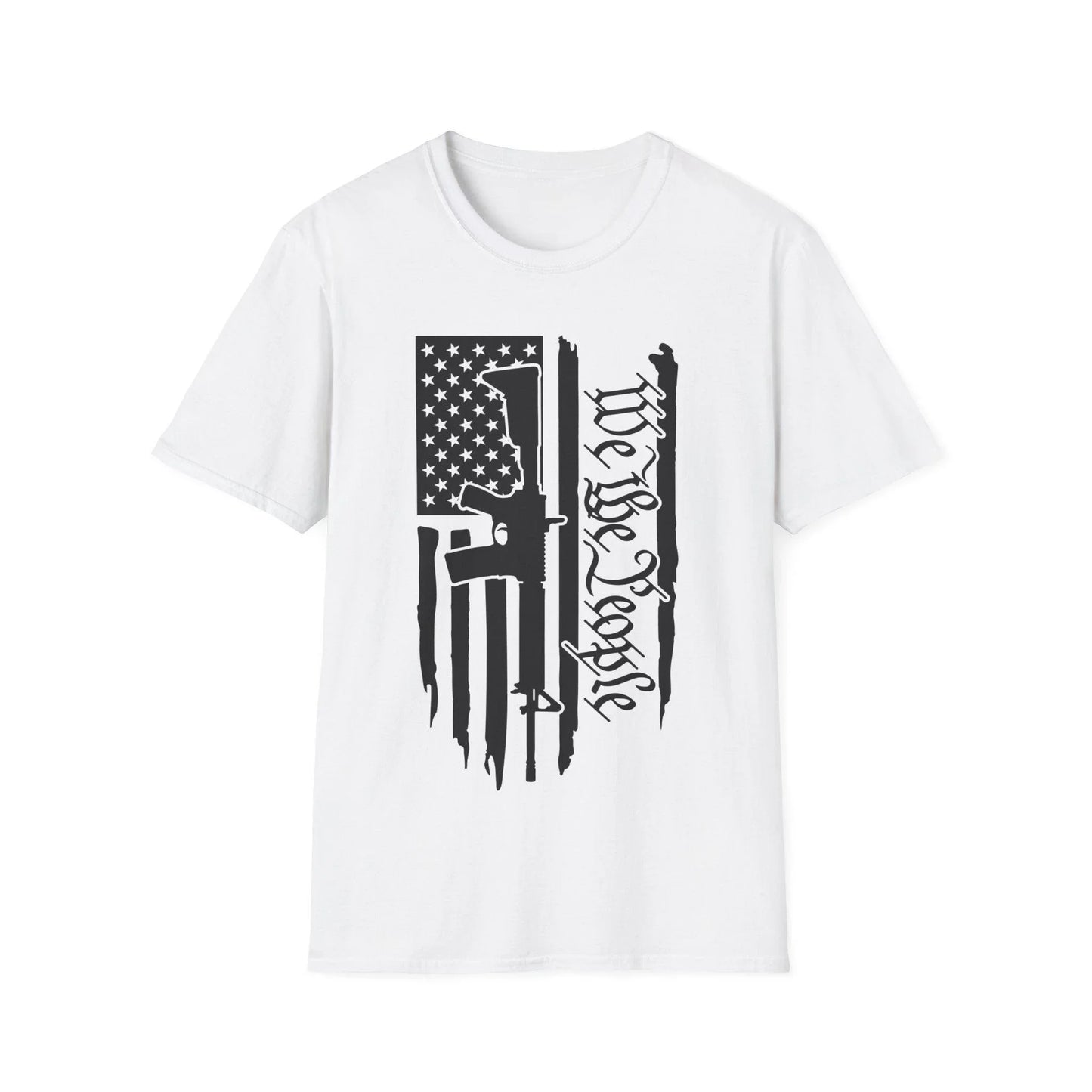 Distressed black-and-white American flag unisex cotton crew neck t-shirt with "We The People" print, relaxed fit, printed by