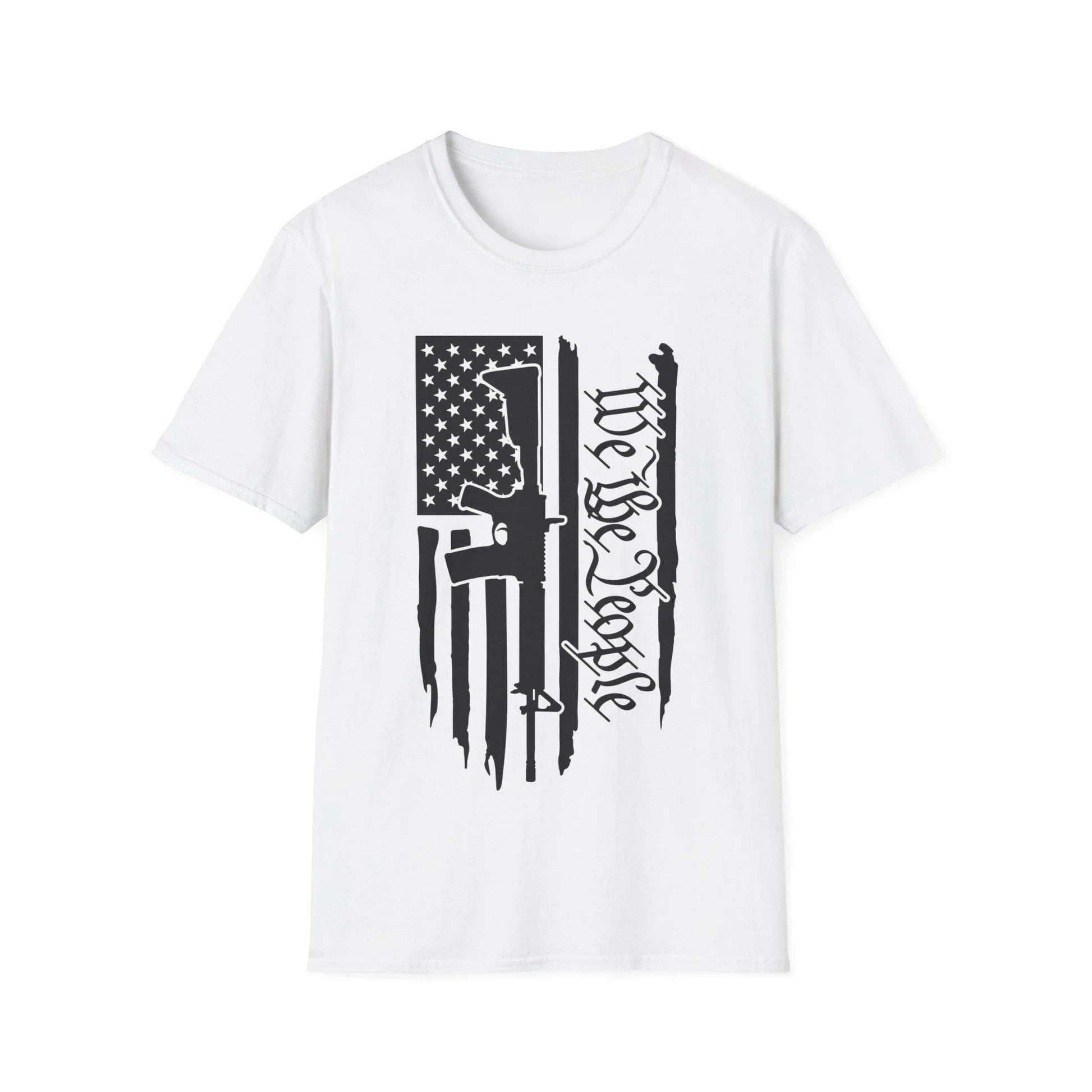 Distressed black-and-white American flag unisex cotton crew neck t-shirt with "We The People" print, relaxed fit, printed by