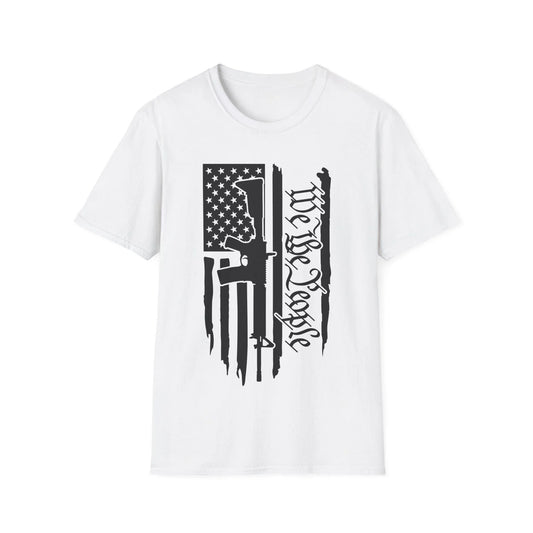 Distressed black-and-white American flag unisex cotton crew neck t-shirt with "We The People" print, relaxed fit, printed by