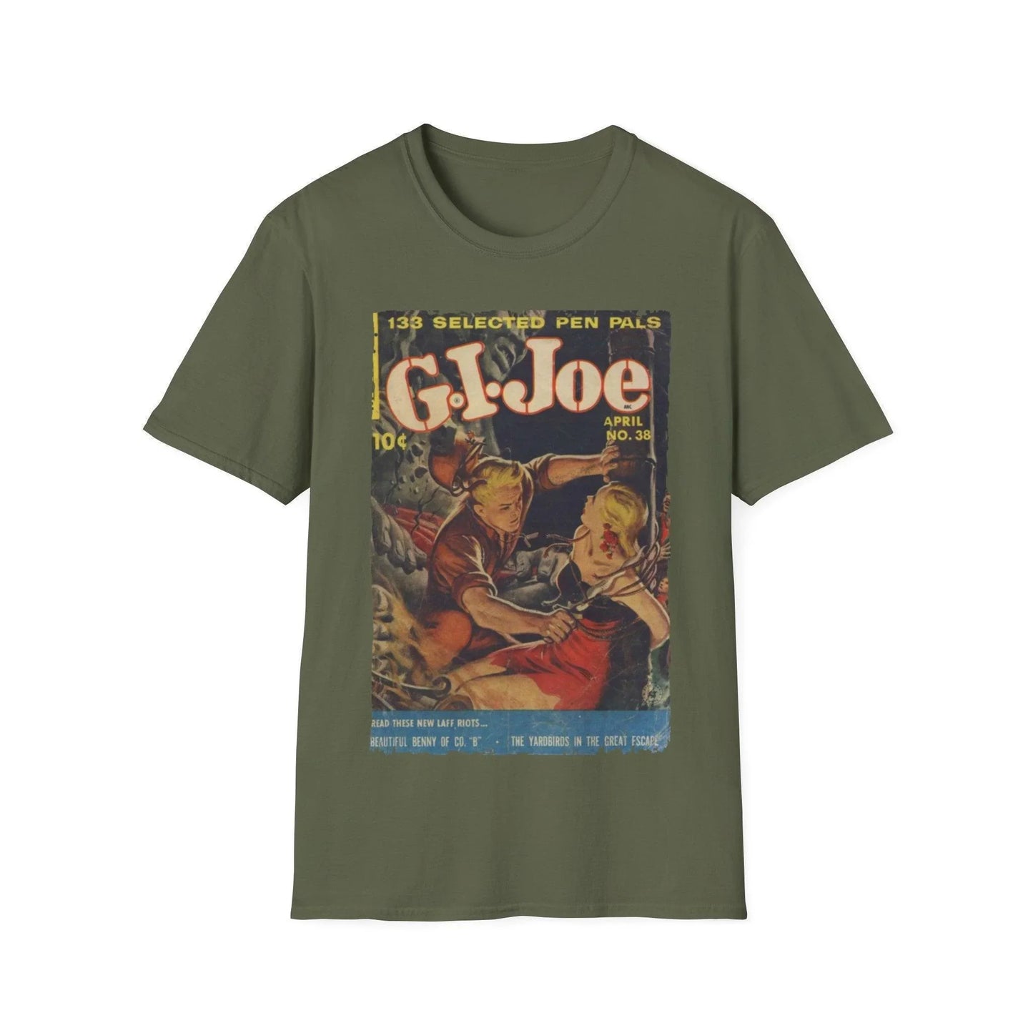 Close-up of the G.I. Joe No.38 softstyle T-shirt's collar stitching showing relaxed fit and cotton-blend fabric texture from