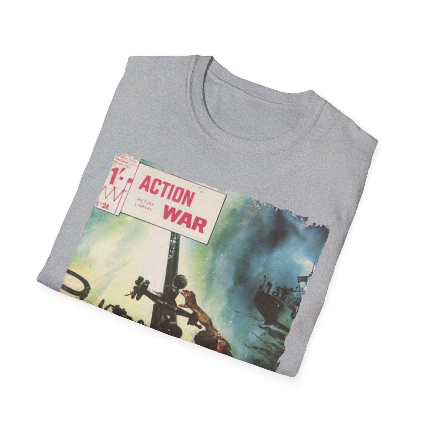 Close-up of the unisex softstyle T-shirt’s light gray fabric showing smooth texture and subtle heather pattern at a relaxed