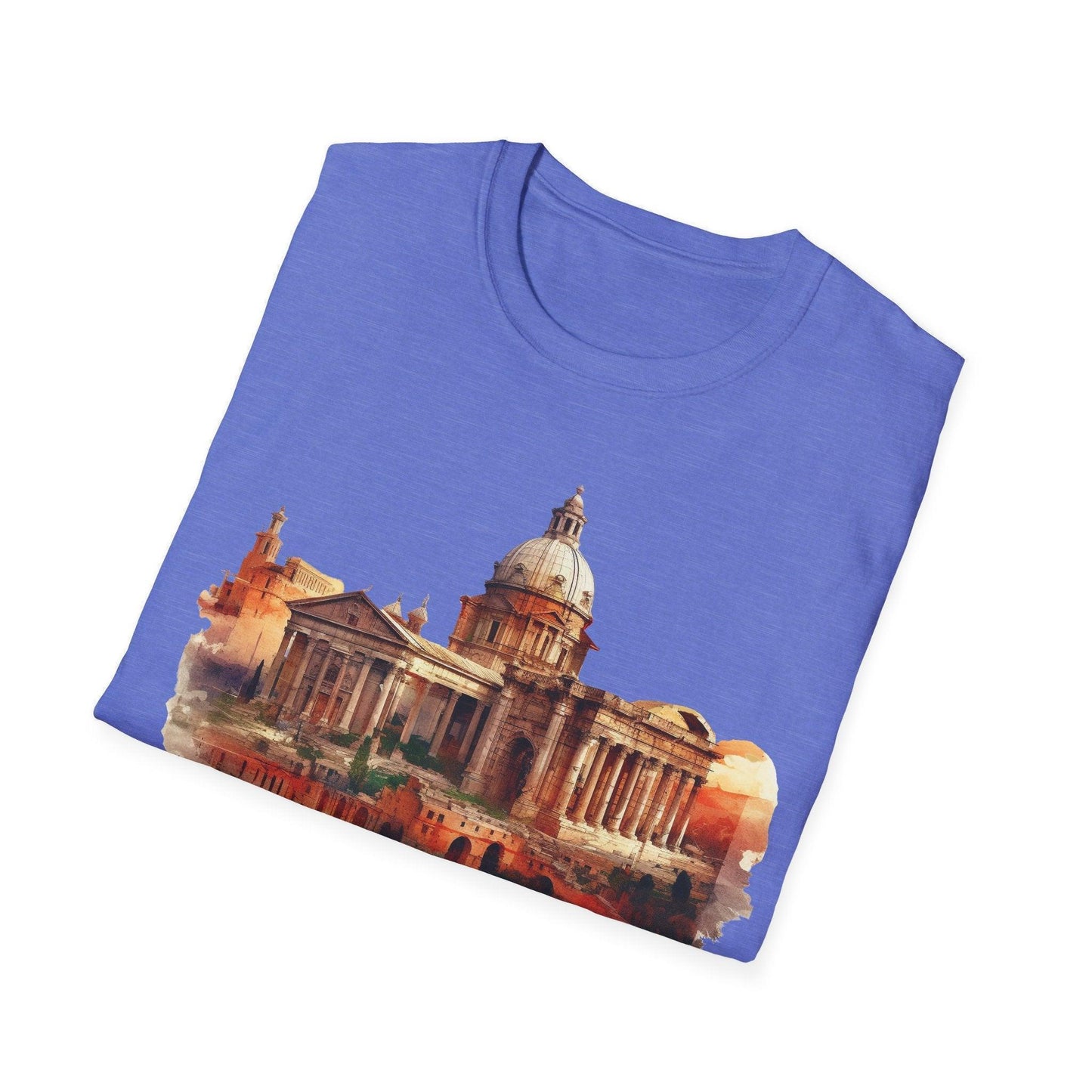 Close-up of the unisex softstyle T-shirt’s neckline showing smooth stitching and a hint of the charcoal color fabric from a